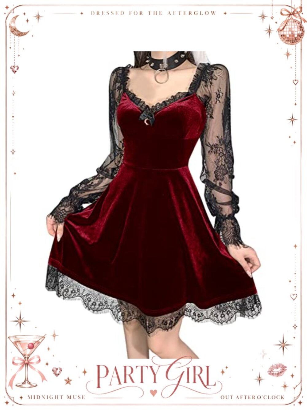 Gothic Lolita Velvet Mini Dress Lace Mesh Long Sleeve Backless